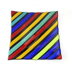 Artisan Fused Glass Plate Platter Handmade Diagonal Rainbow Stripes Decorative
